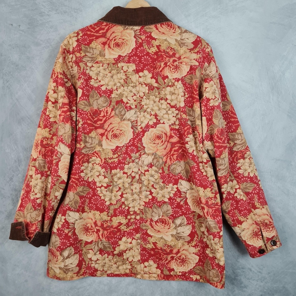 LL Bean Jacket Womens Medium Red Floral Canvas Corduroy Collar Lined Barn Coat - Picture 10 of 16